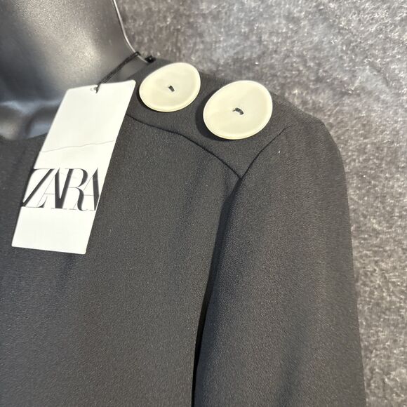 NWT ZARA Women 3/4 Sleeve High-Low Contrast Stitch Button Blouse SZ XXS Black - Picture 3 of 12